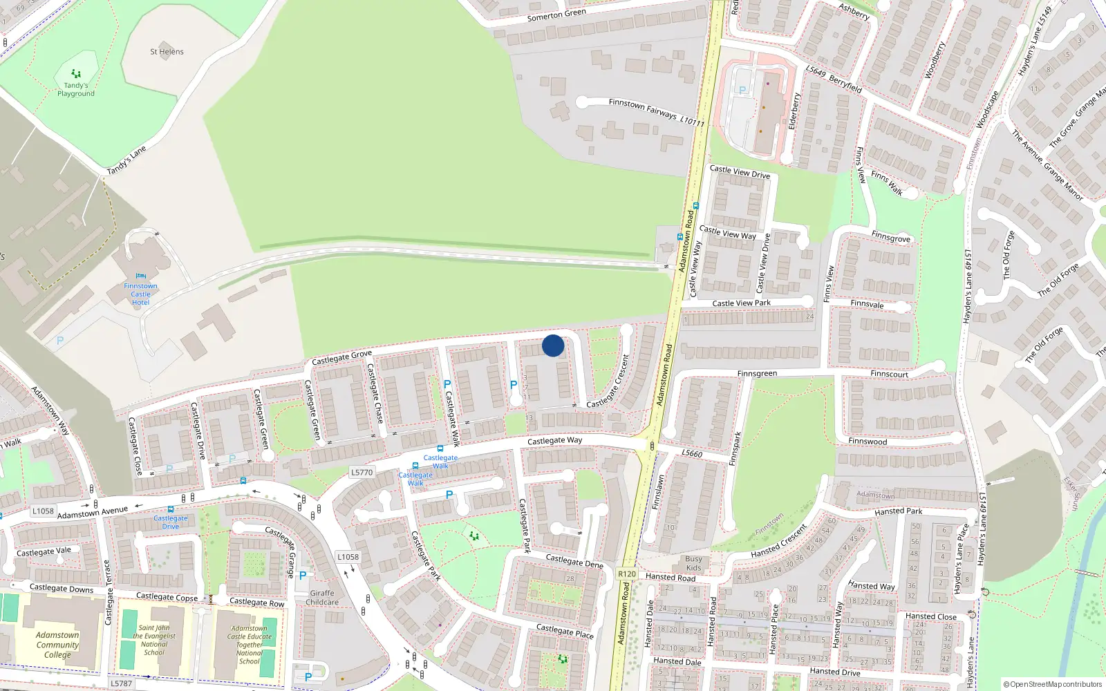 Overhead map showing the location of 2 Castlegate Grove, Adamstown, Lucan