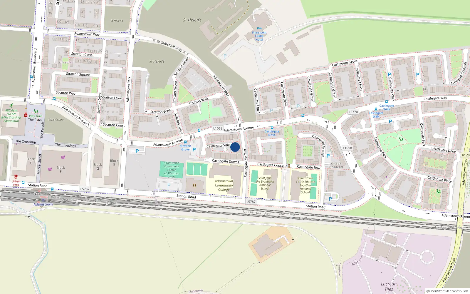 Overhead map showing the location of 2 Castlegate Vale, Adamstown, Lucan