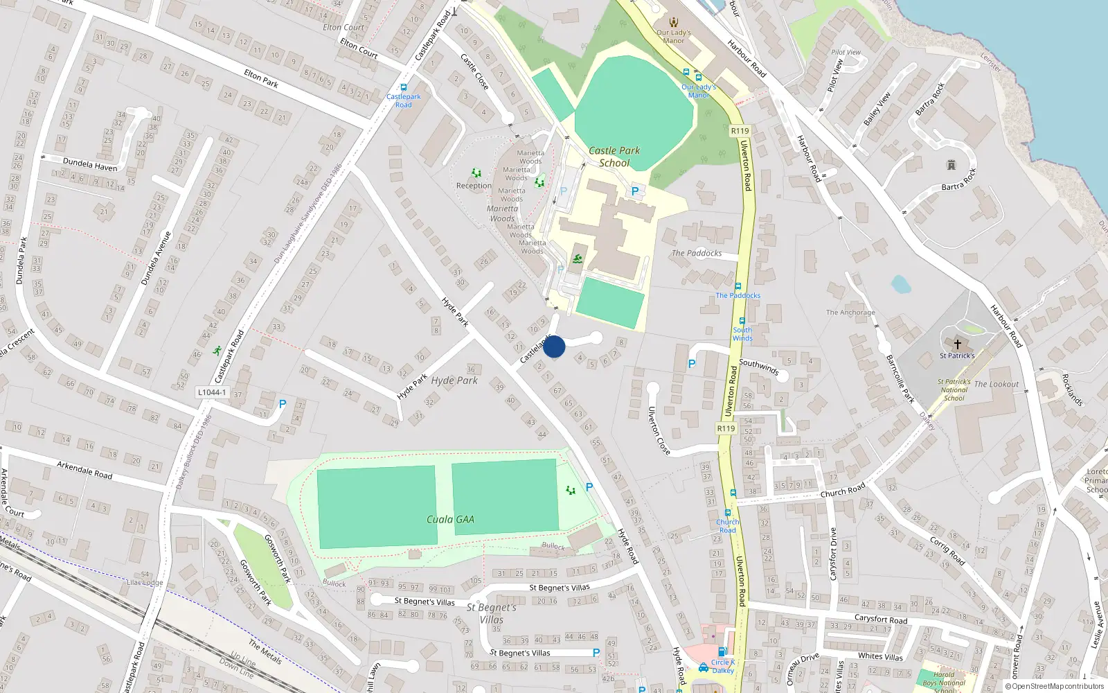 Overhead map showing the location of 2 Castlelands, Dalkey