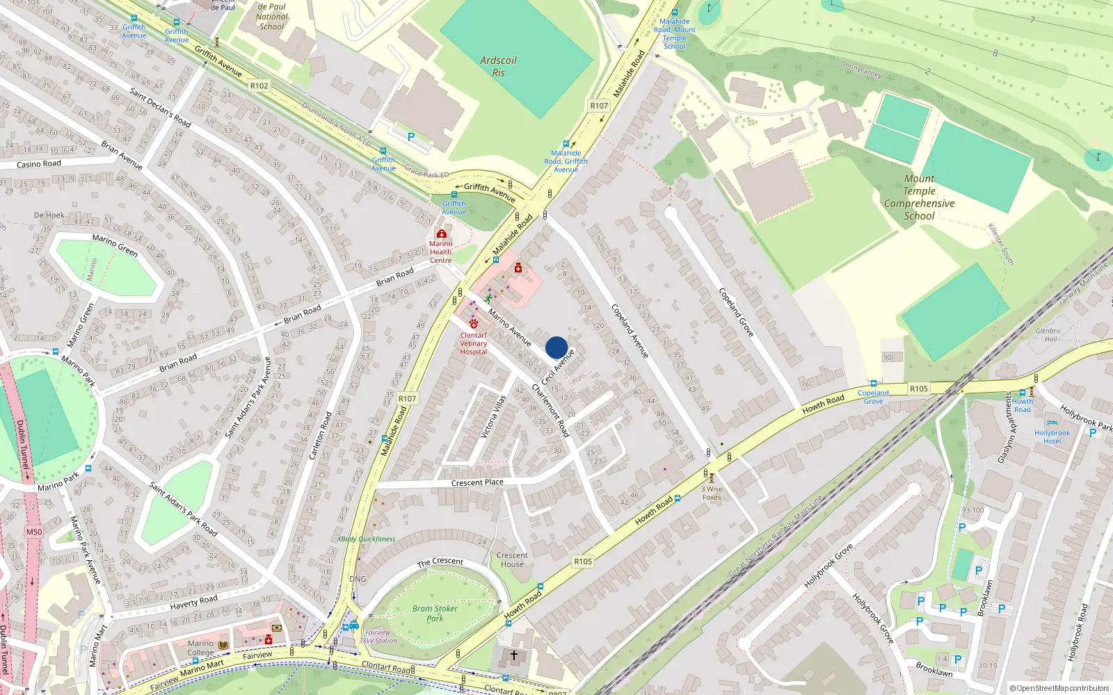 Overhead map showing the location of 2 Cecil Avenue, Dublin 3