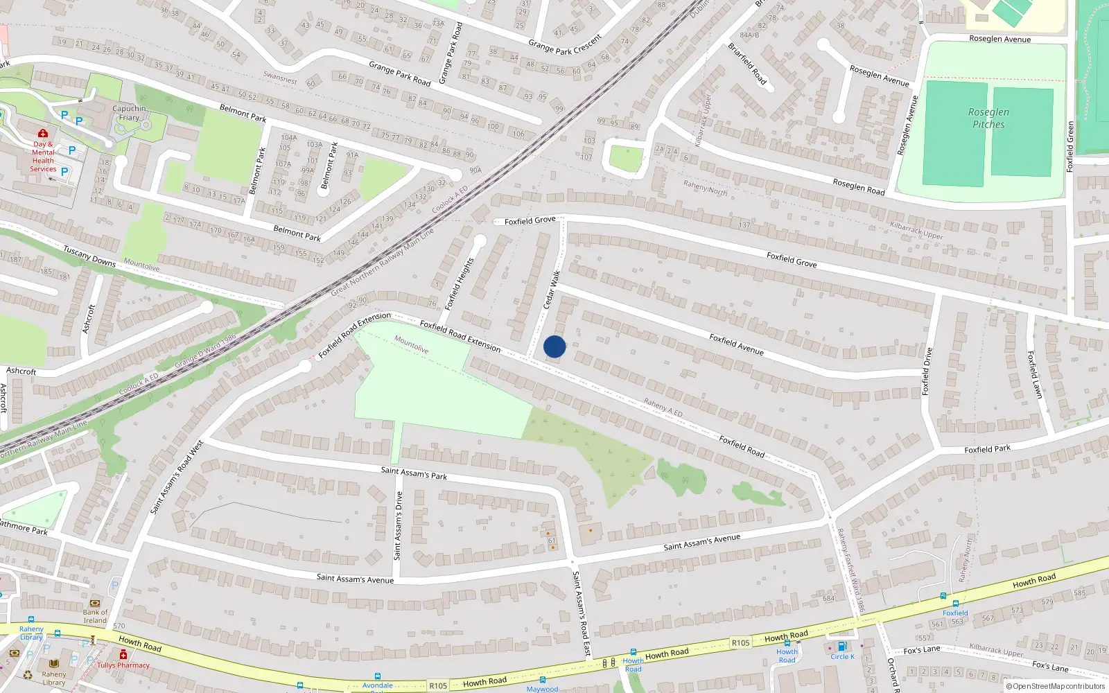 Overhead map showing the location of 2 Cedar Walk, Raheny, Dublin 5