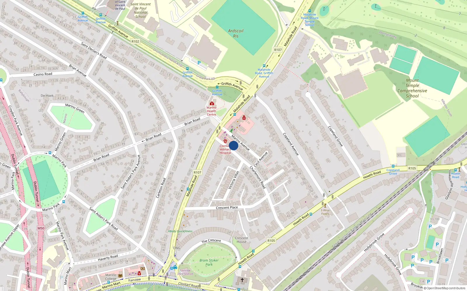 Overhead map showing the location of 2 Charlemont Road, Dublin 3