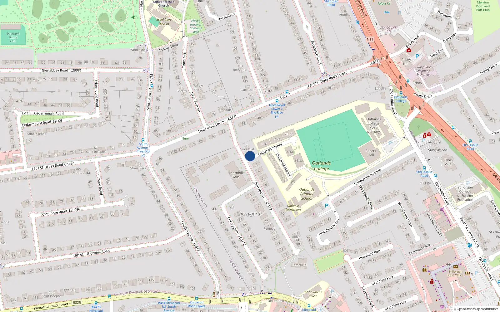 Overhead map showing the location of 2 Cherry Garth, Mount Merrion, Dublin