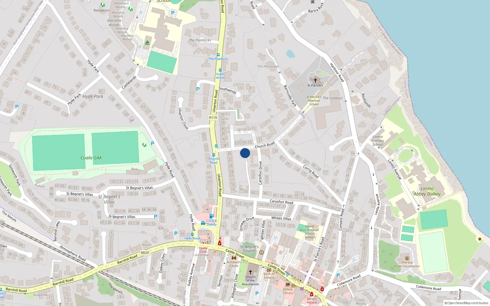 Overhead map showing the location of 2 Church Road, Dalkey