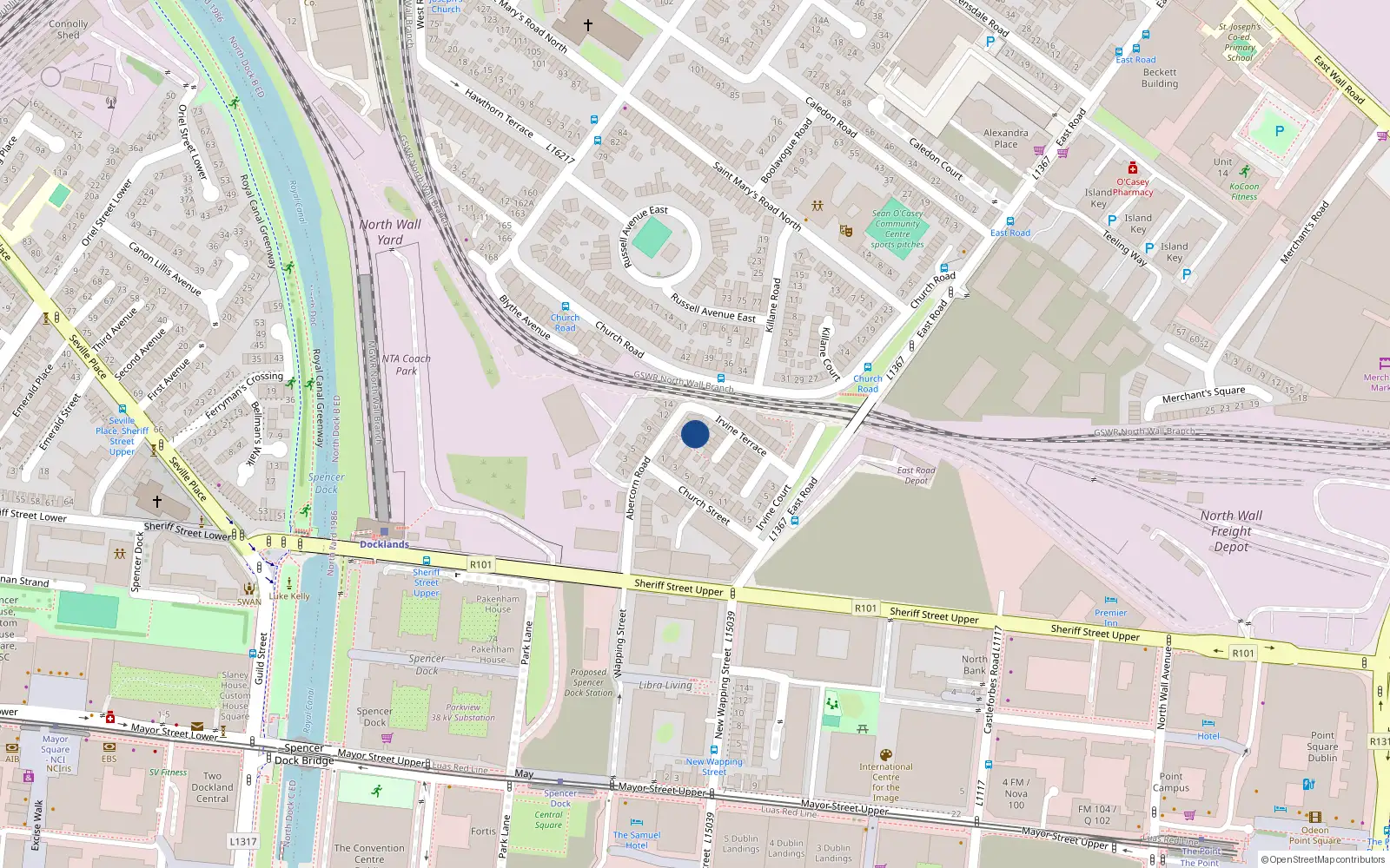 Overhead map showing the location of 2 Church Row, East Wall, Dublin 3
