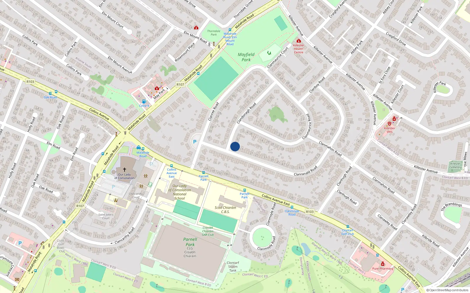 Overhead map showing the location of 2 Clandonagh Road, Dublin 5