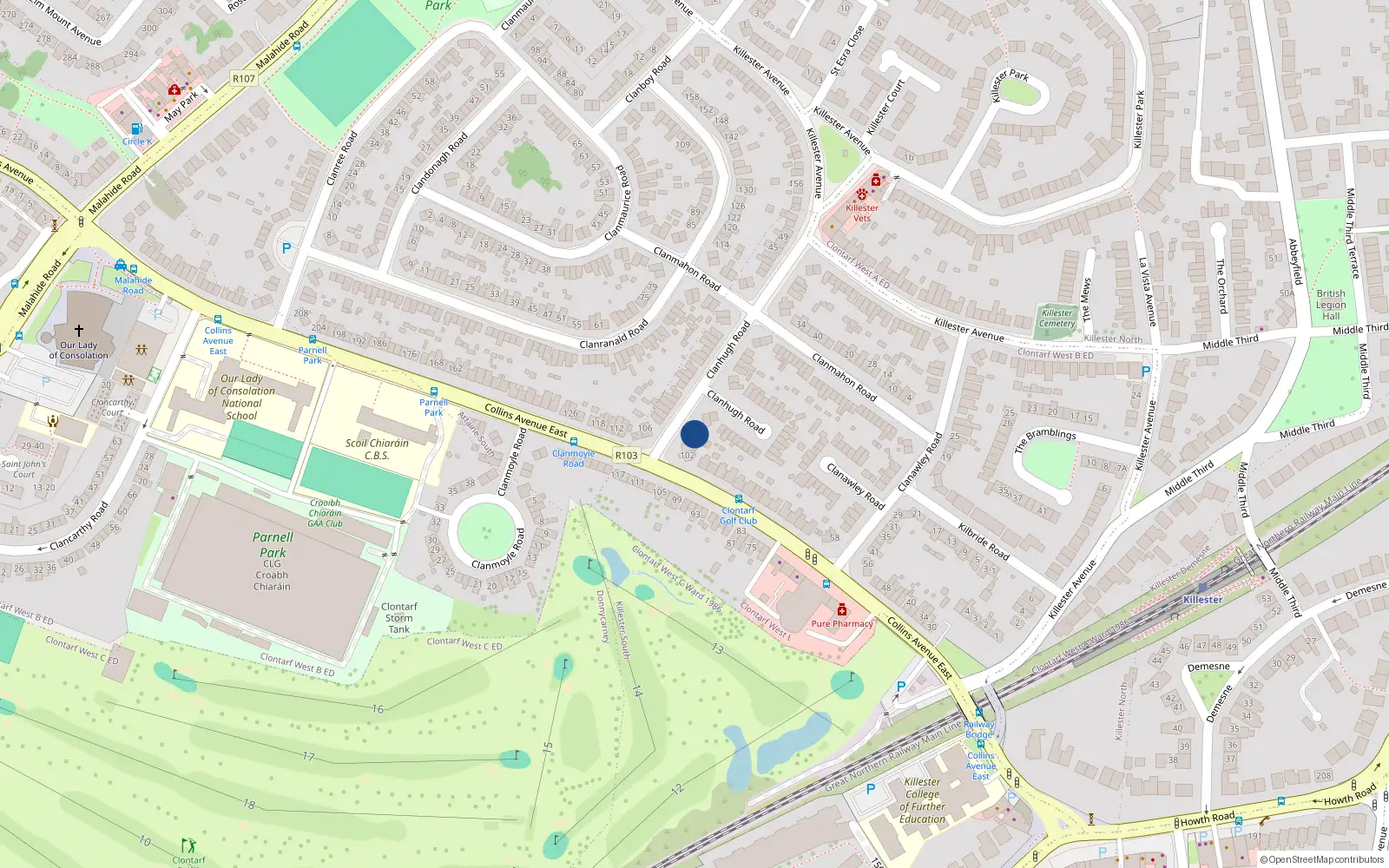 Overhead map showing the location of 2 Clanhugh Road, Dublin 5