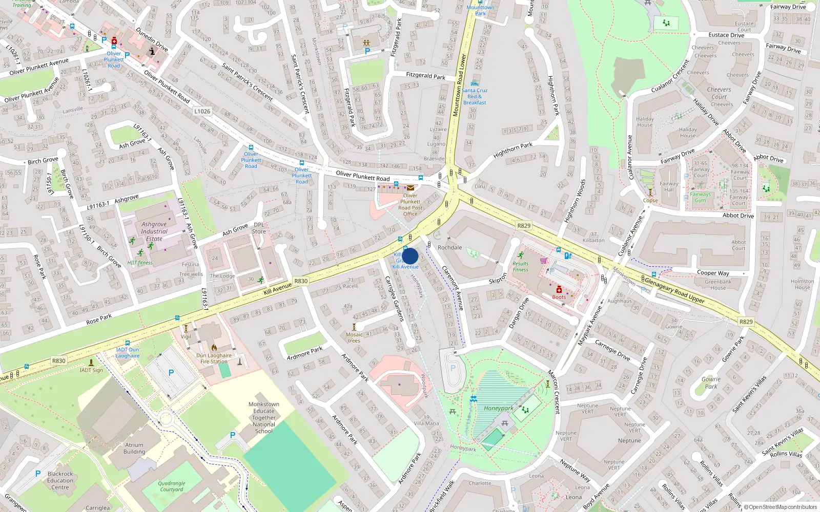 Overhead map showing the location of 2 Claremont Avenue, Dun Laoghaire