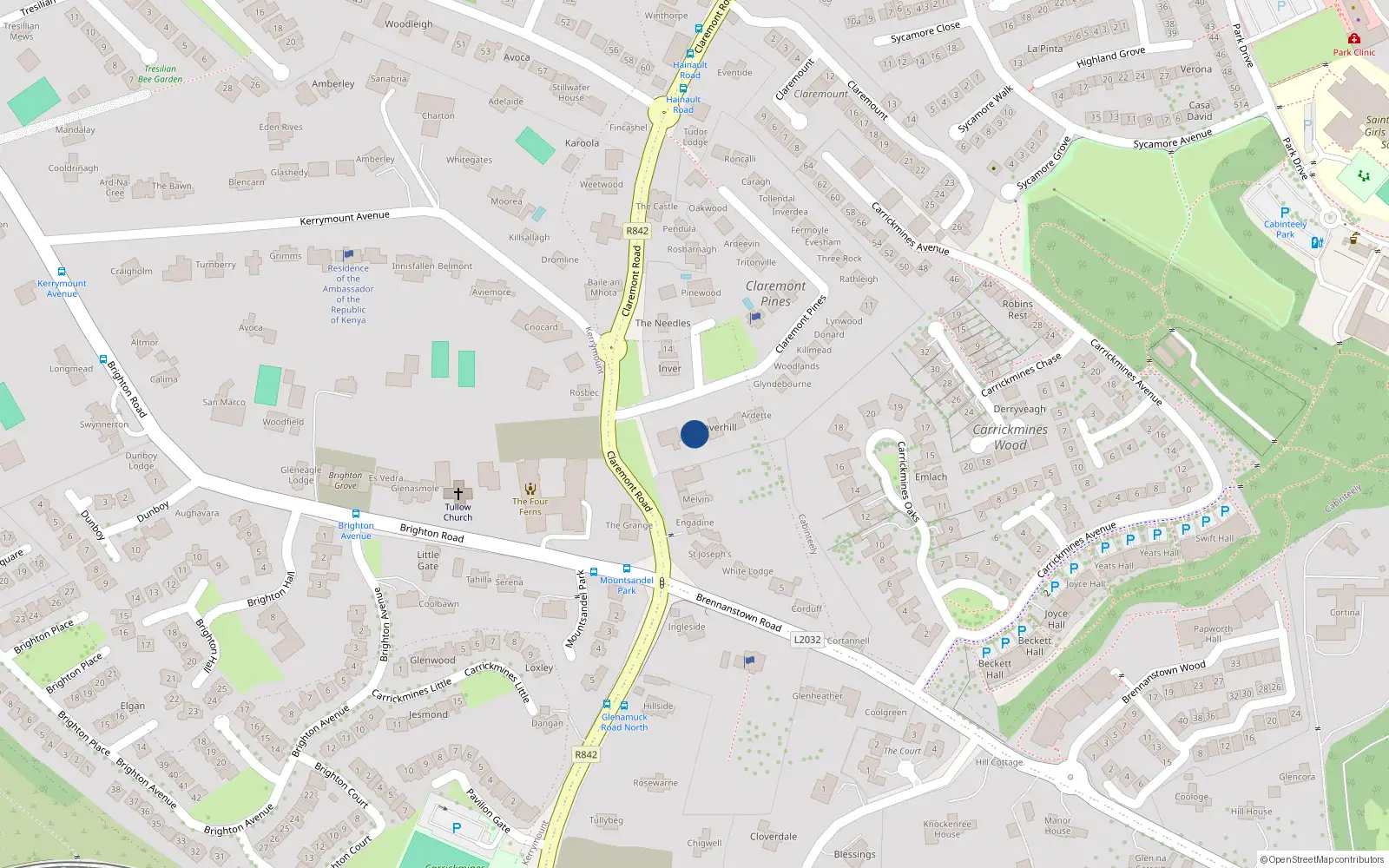 Overhead map showing the location of 2 Claremont Pines, Cabinteely