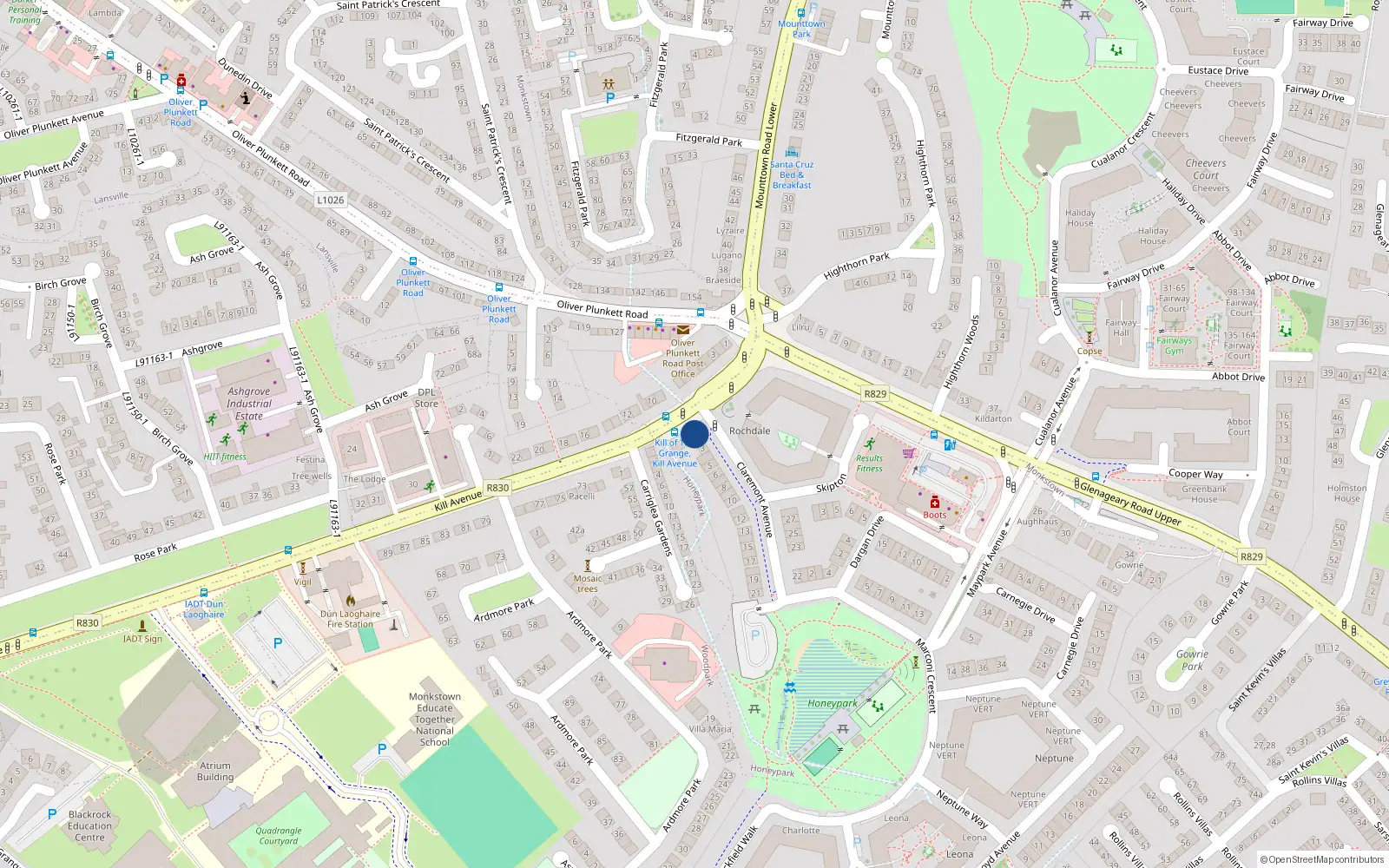 Overhead map showing the location of 2 Claremount Avenue, Honeypark, Dun Laoghaire