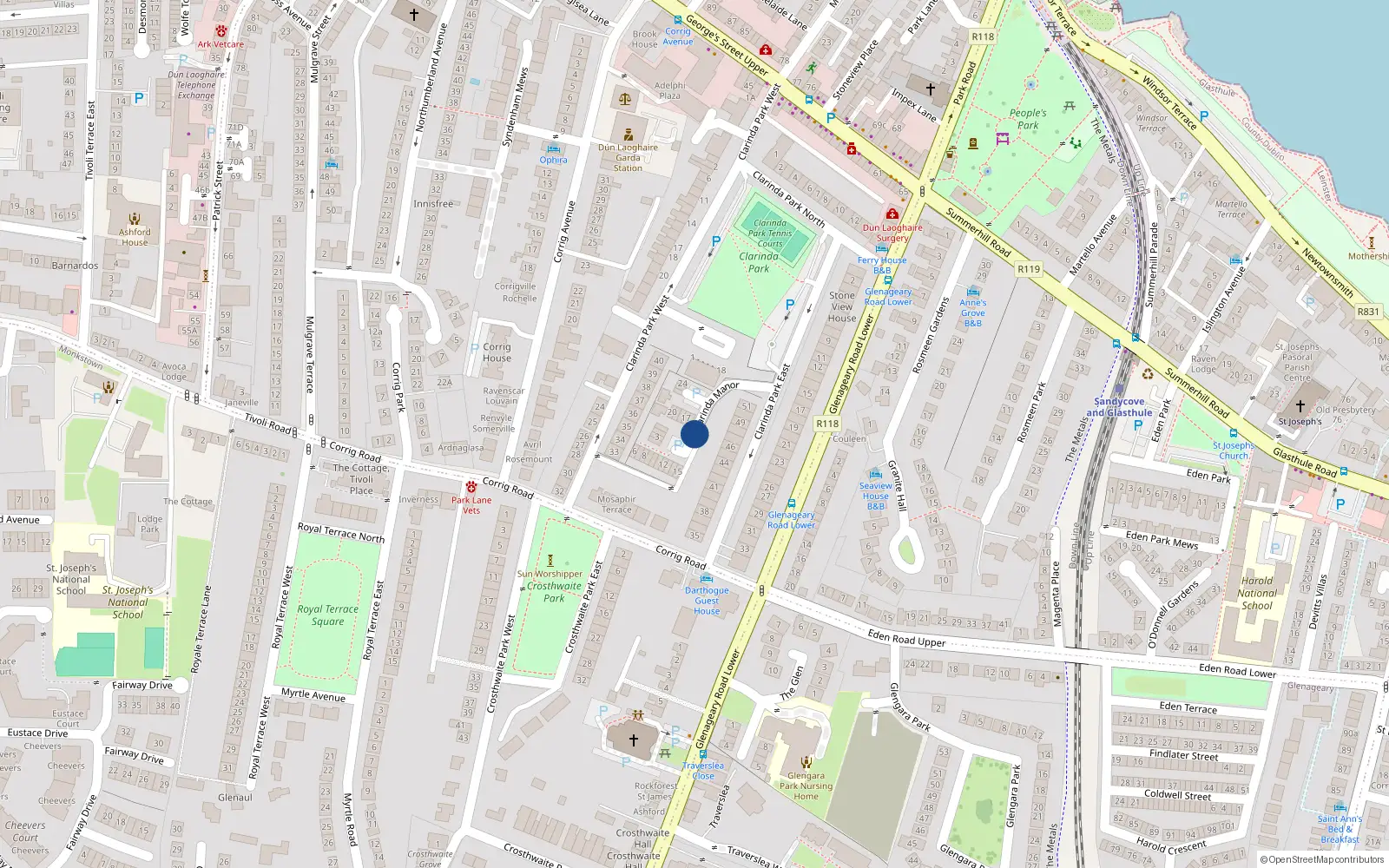 Overhead map showing the location of 2 Clarinda Manor, Dun Laoghaire