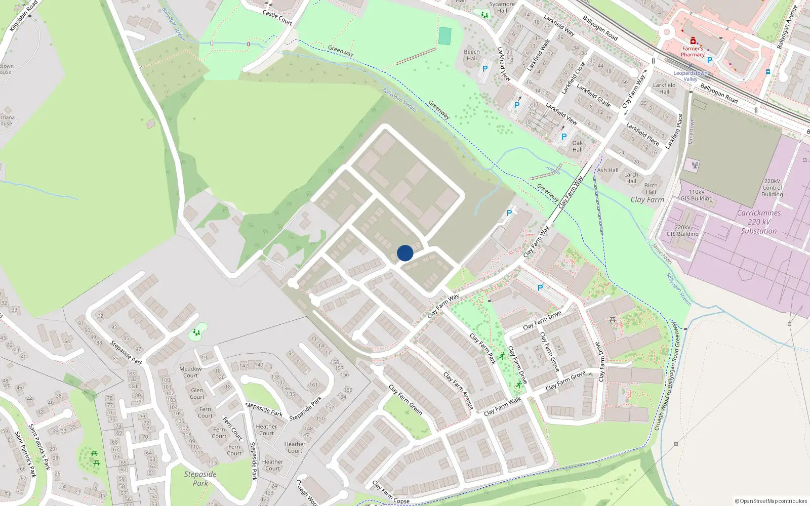 Overhead map showing the location of 2 Clay Farm Glade, Dublin 18