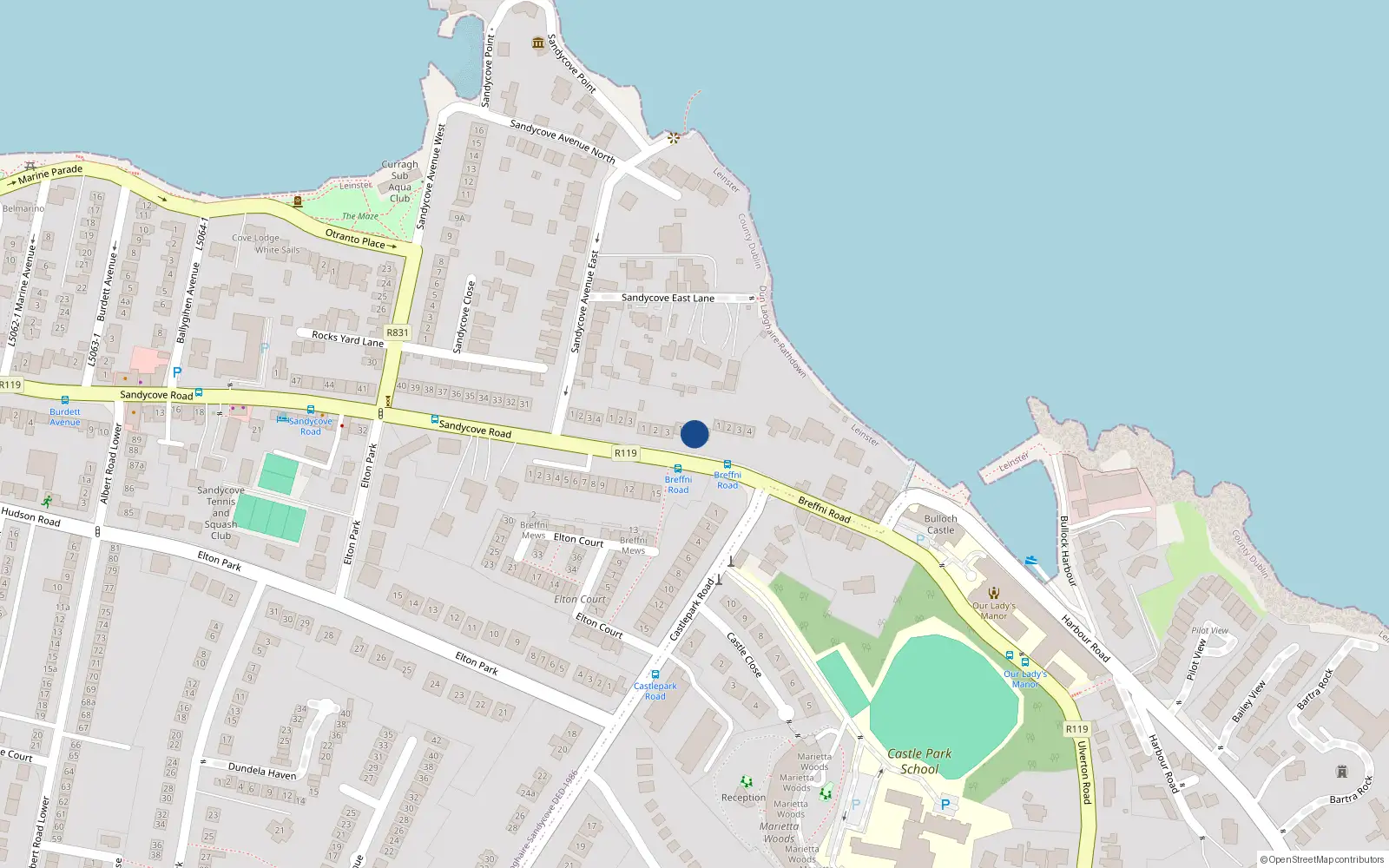 Overhead map showing the location of 2 Cliff Terrace, Breffni Road, Sandycove