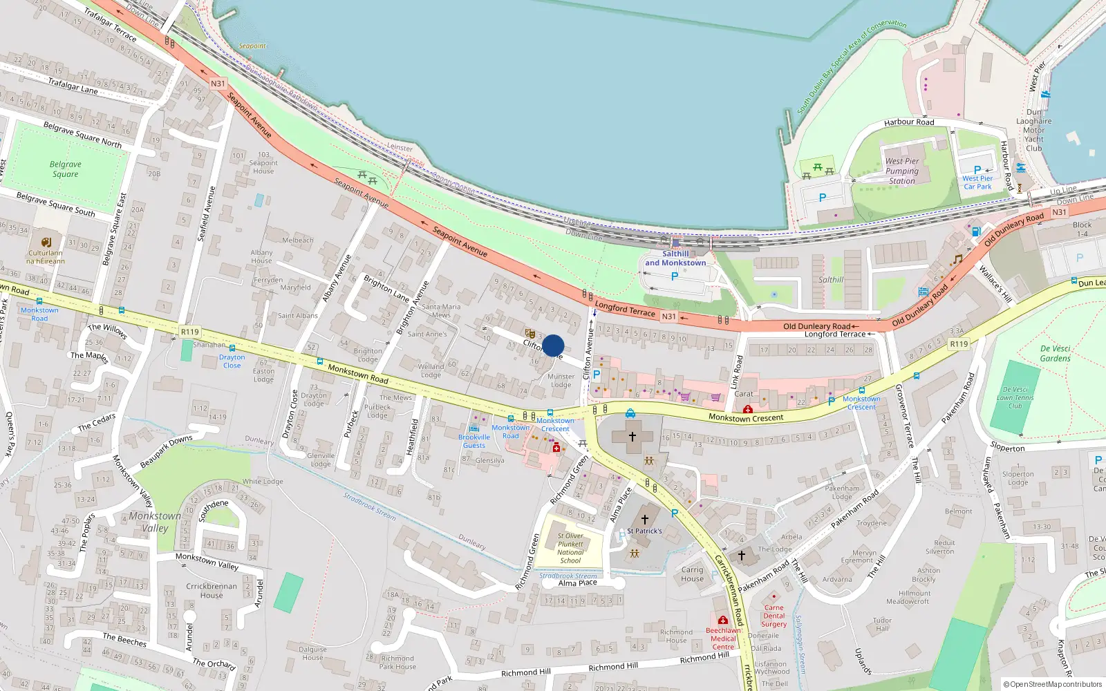 Overhead map showing the location of 2 Cliften Lane, Monkstown, Dublin