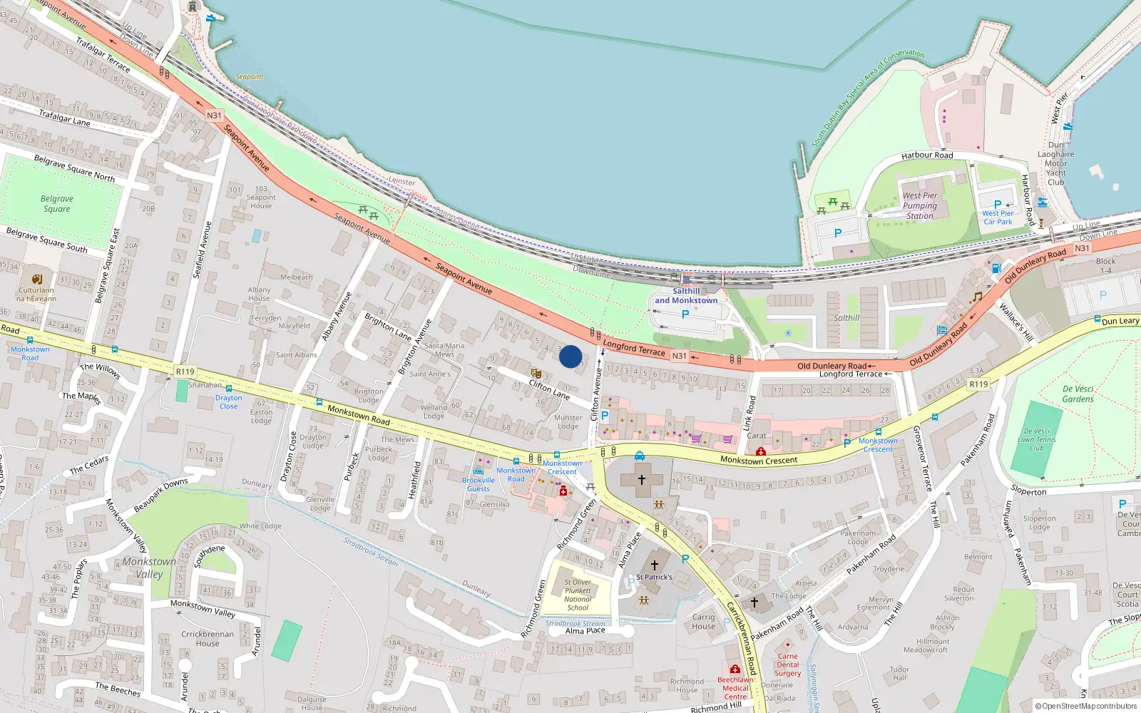 Overhead map showing the location of 2 Clifton Terrace, Seapoint Avenue, Monkstown