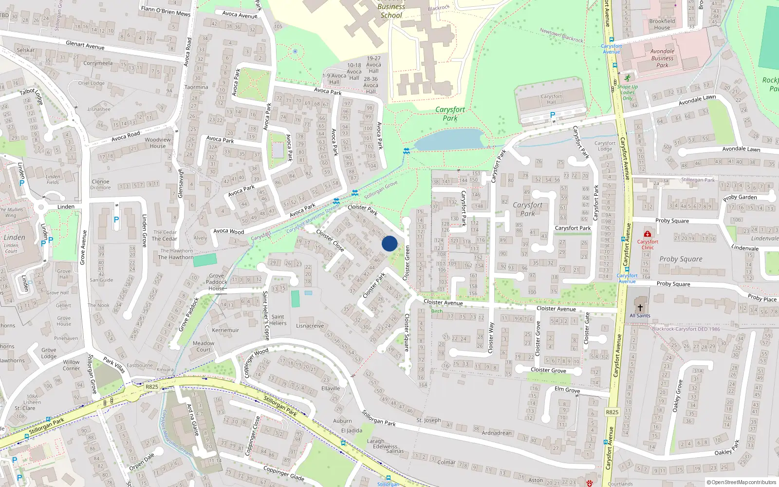 Overhead map showing the location of 2 Cloister Park, Carysfort Avenue, Blackrock