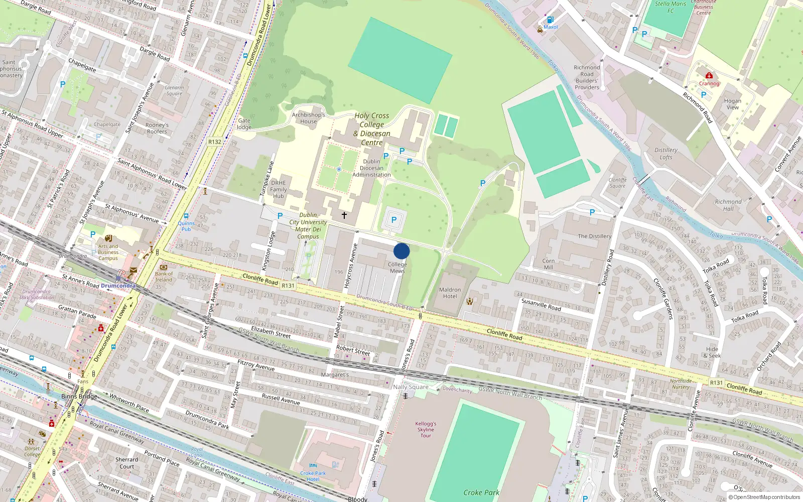 Overhead map showing the location of 2 Clonliffe Road, Dublin 3