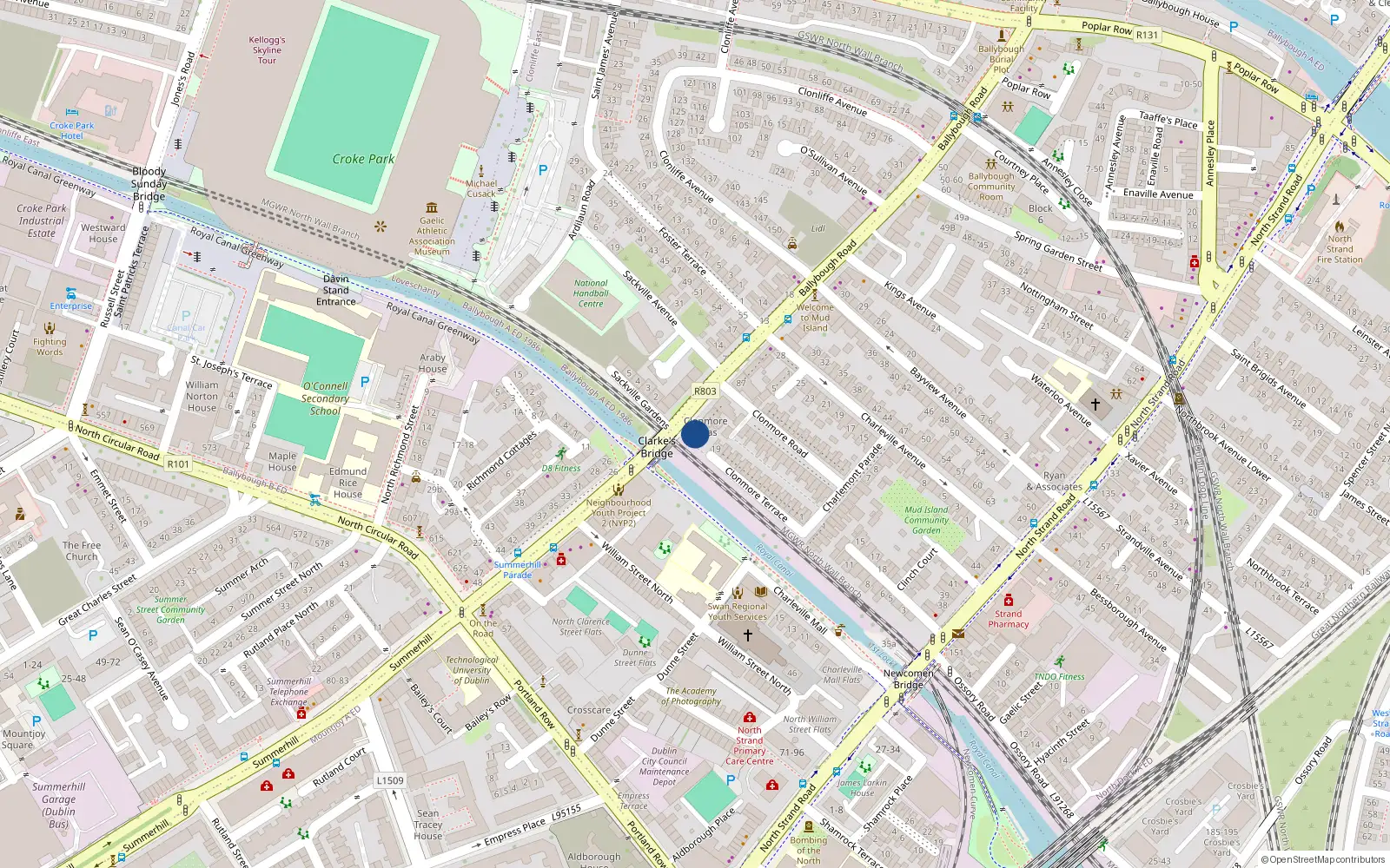 Overhead map showing the location of 2 Clonmore Villas, 3 Ballybough Road, Dublin 3