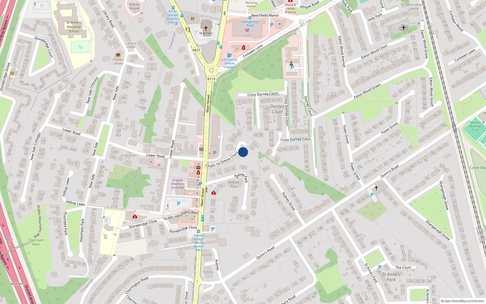 Overhead map showing the location of 2 Cluain Na Greine Court, Shankill