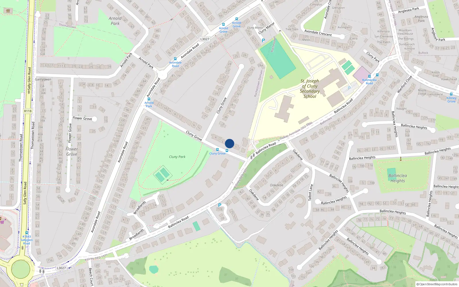 Overhead map showing the location of 2 Cluny Grove, Killiney