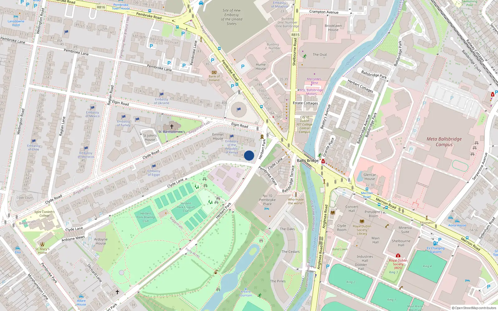 Overhead map showing the location of 2 Clyde Lane, Dublin