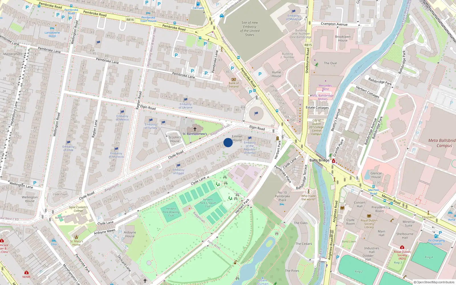 Overhead map showing the location of 2 Clyde Road, Dublin 4