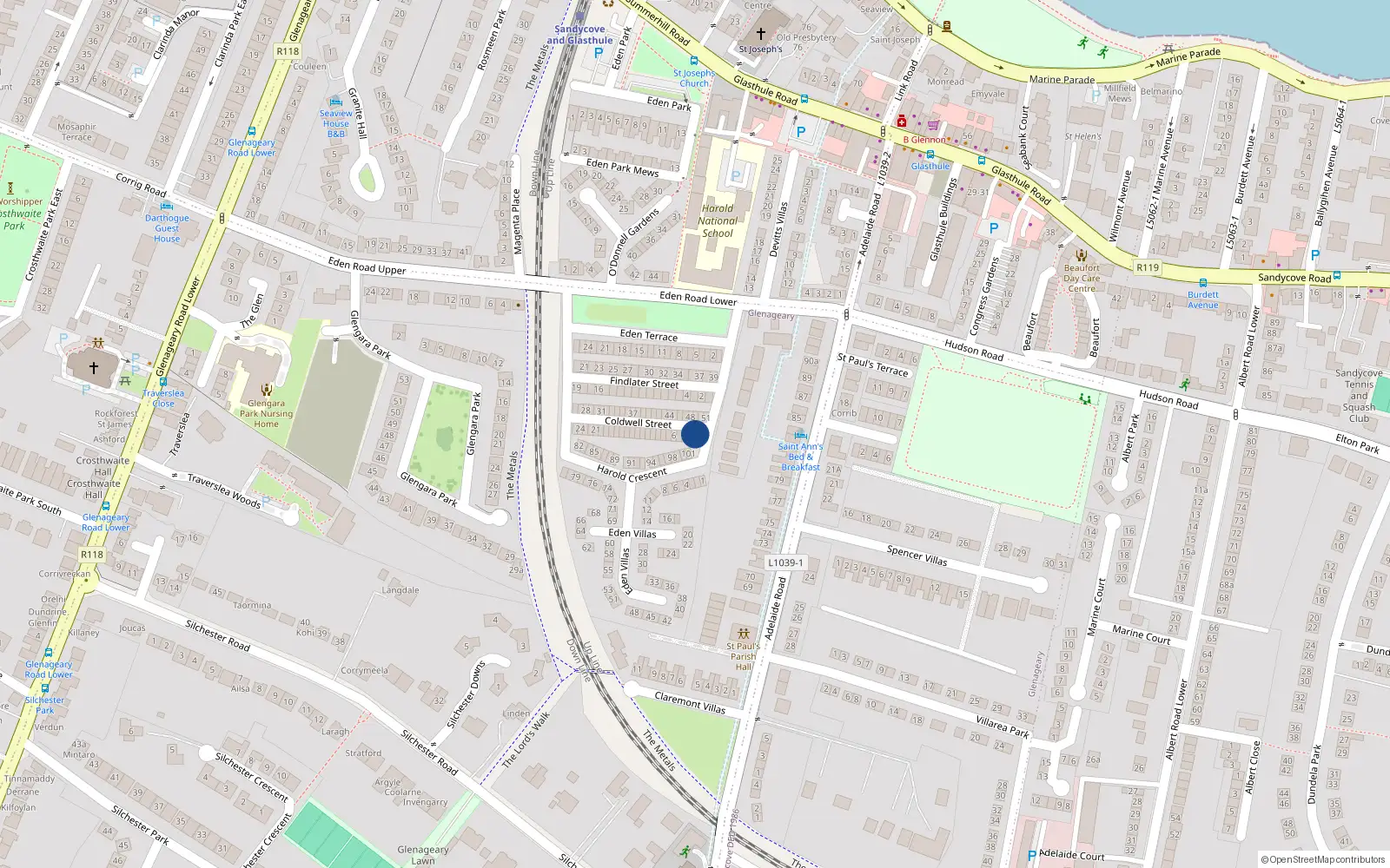 Overhead map showing the location of 2 Coldwell Street, Dublin