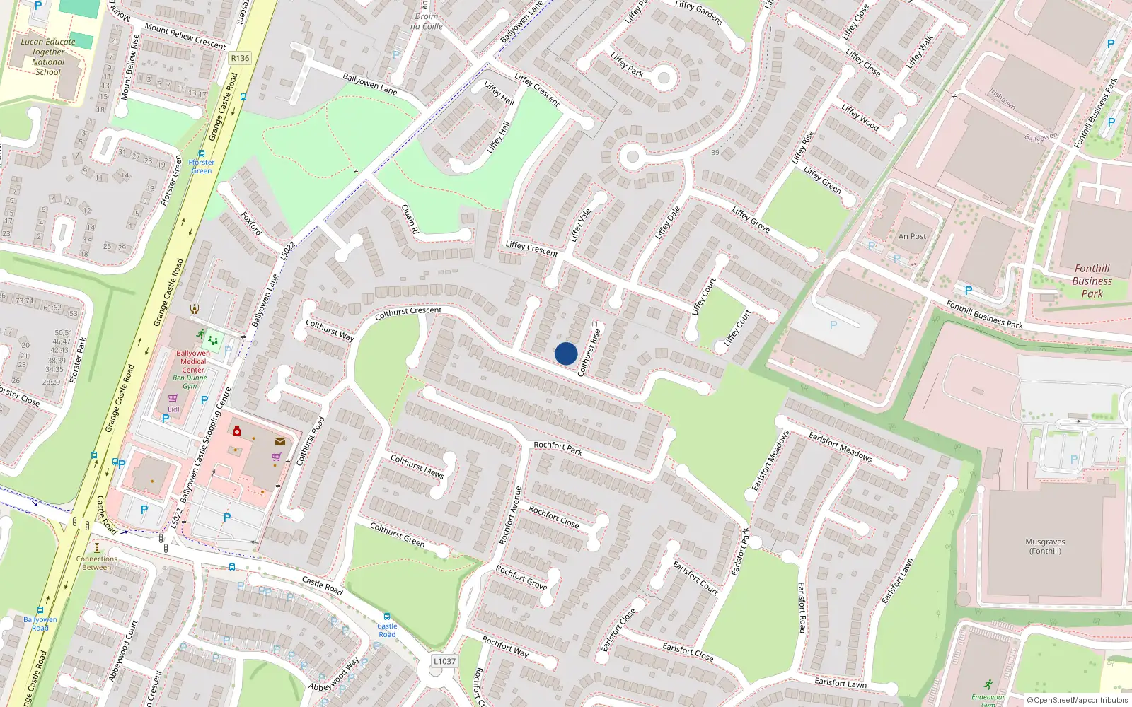 Overhead map showing the location of 2 Colthurst Rise, Lucan, Dublin