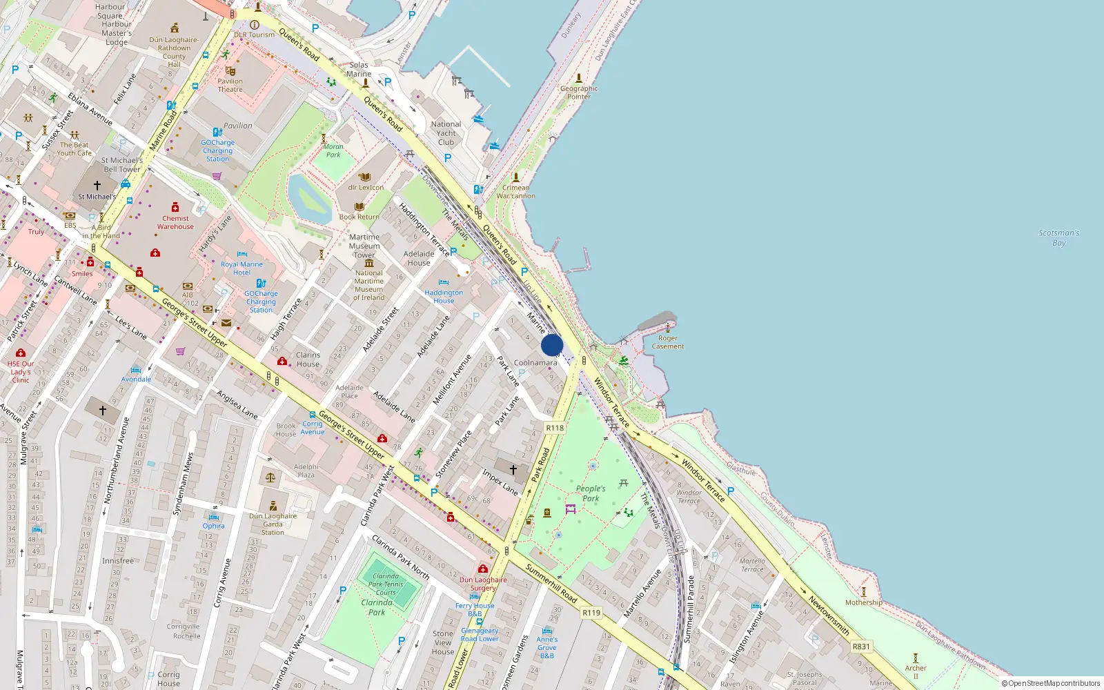 Overhead map showing the location of 2 Coolnamara, 6 Marine Terrace, Dun Laoghaire