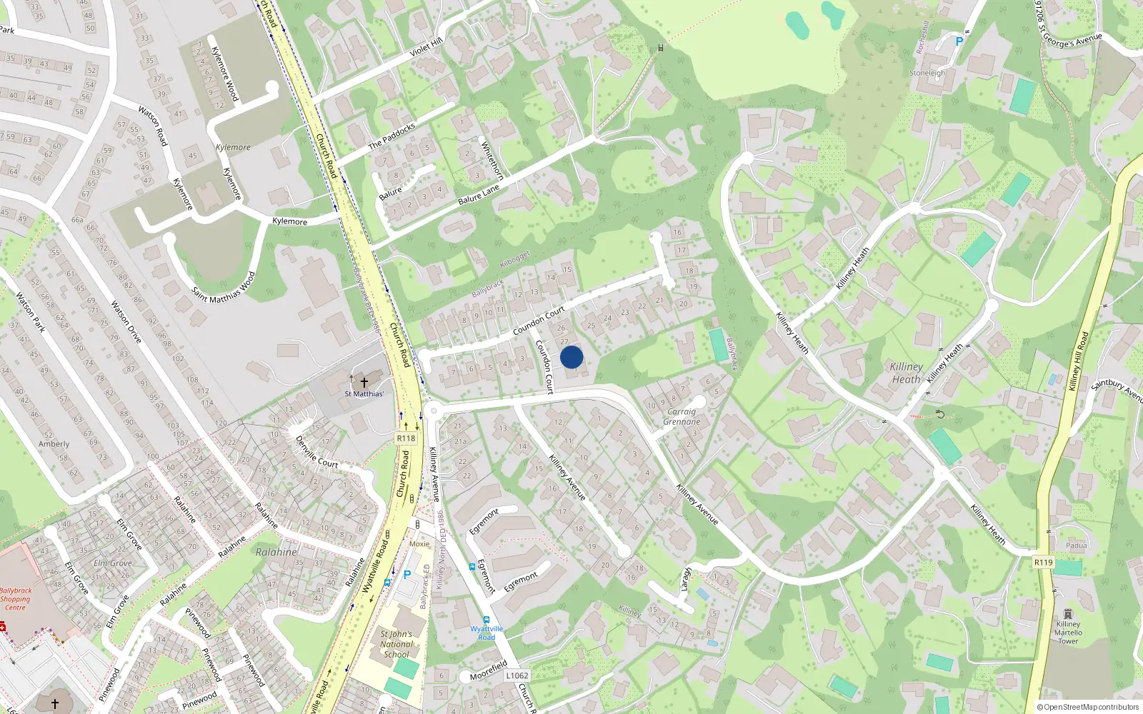 Overhead map showing the location of 2 Coundon Court, Killiney Avenue, Killiney