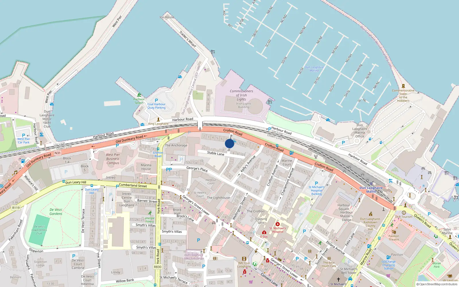 Overhead map showing the location of 2 Crofton Mews, Stable Lane, Dun Laoghaire