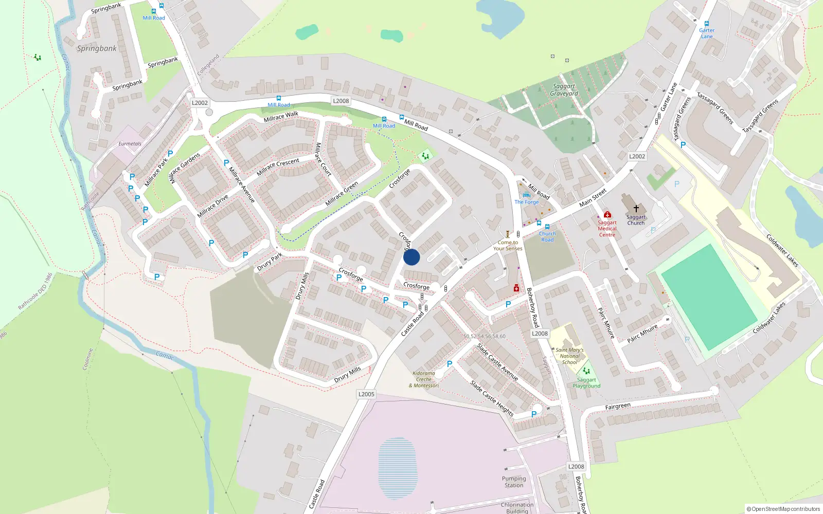 Overhead map showing the location of 2 Crosforge Close, Saggart