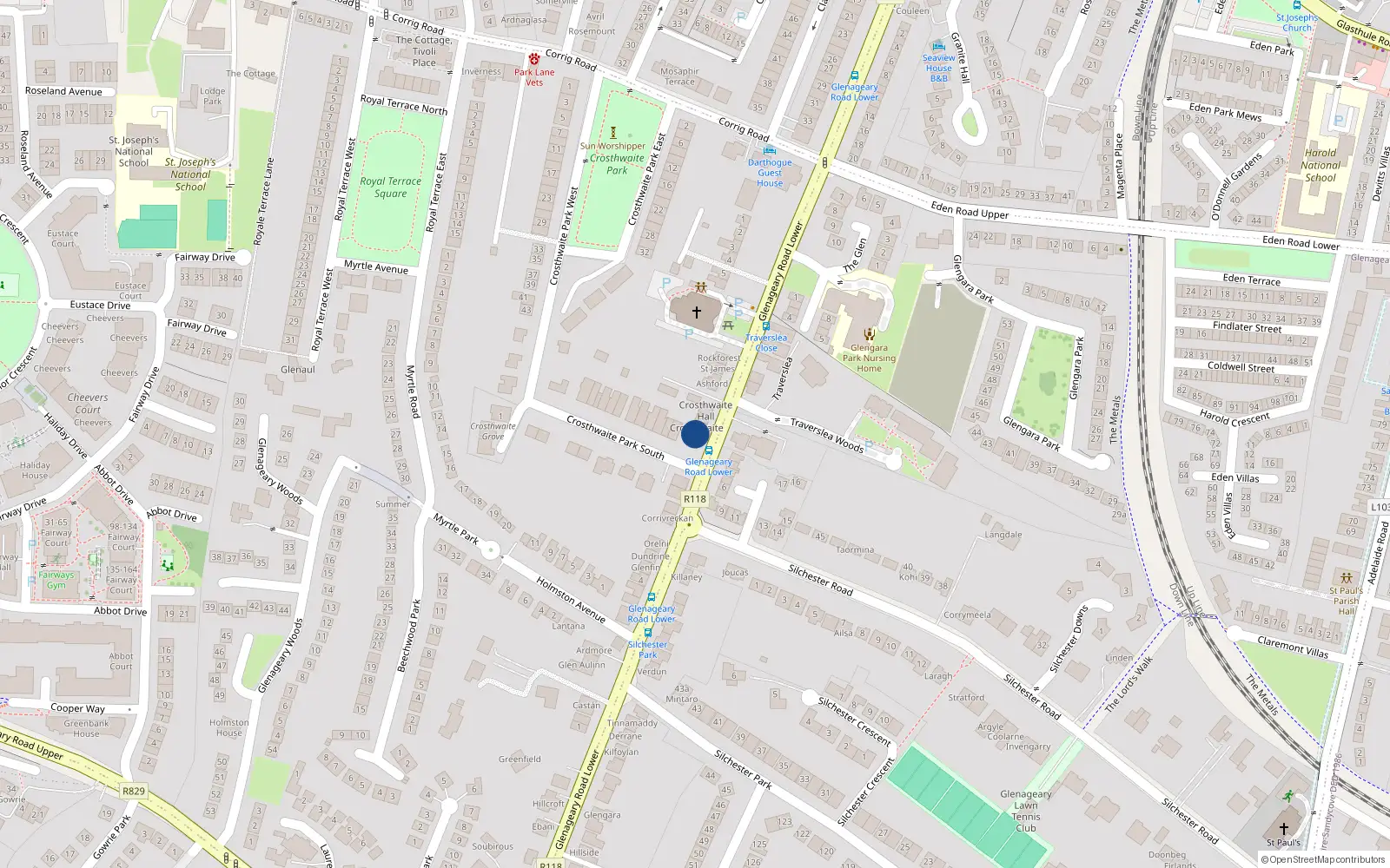 Overhead map showing the location of 2 Crosthwaite Hall, Glenageary Road Lower, Dun Laoghaire