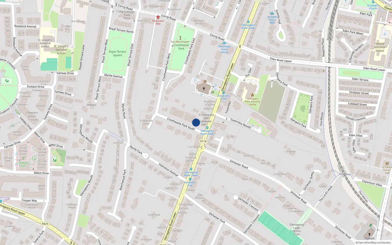 Overhead map showing the location of 2 Crosthwaite Park South, Dun Laoghaire, Dublin