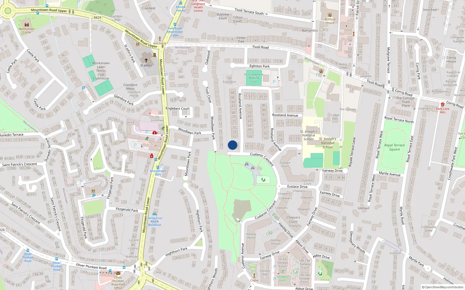 Overhead map showing the location of 2 Cualanor Crescent, Monkstown, Dun Laoghaire