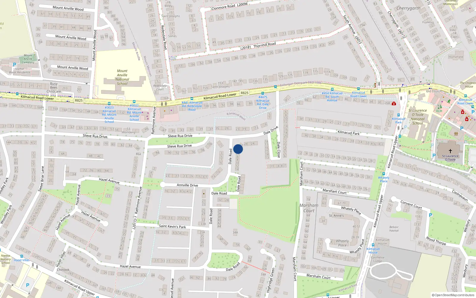 Overhead map showing the location of 2 Dale Road, Stillorgan, Dublin