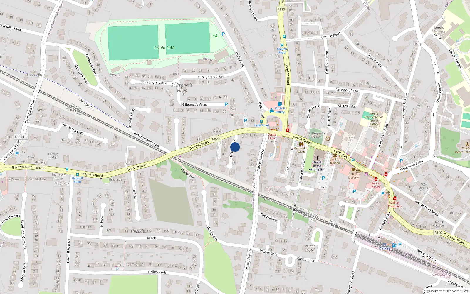 Overhead map showing the location of 2 Dalkey Court, Barnhill Road, Dalkey