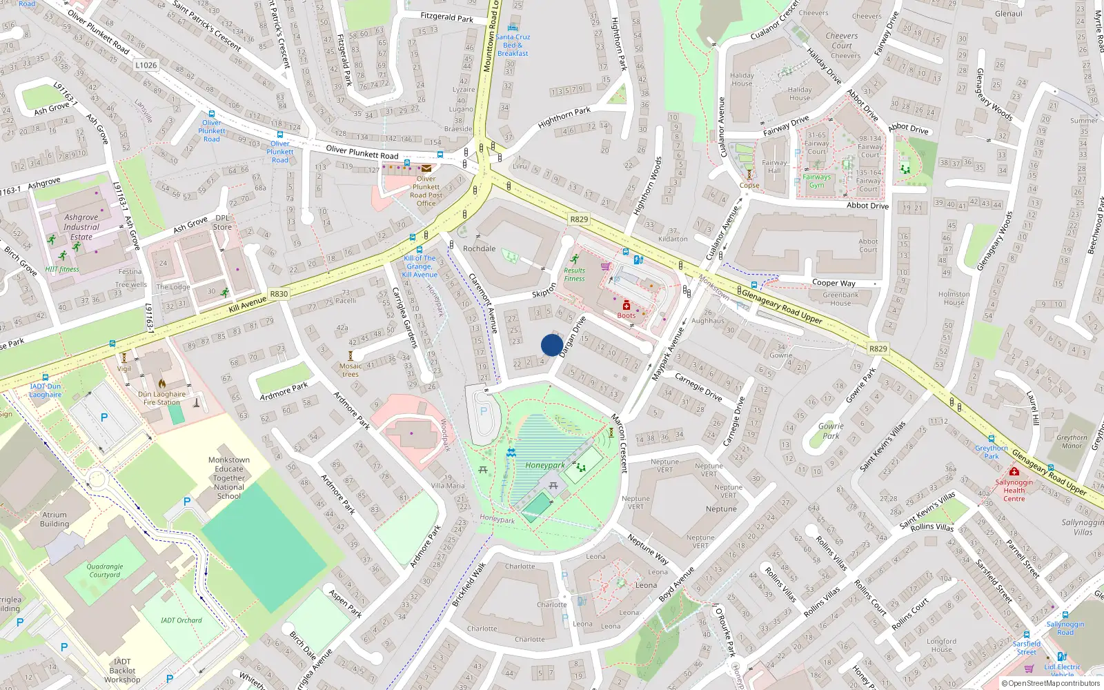 Overhead map showing the location of 2 Dargan Drive, Dun Laoghaire