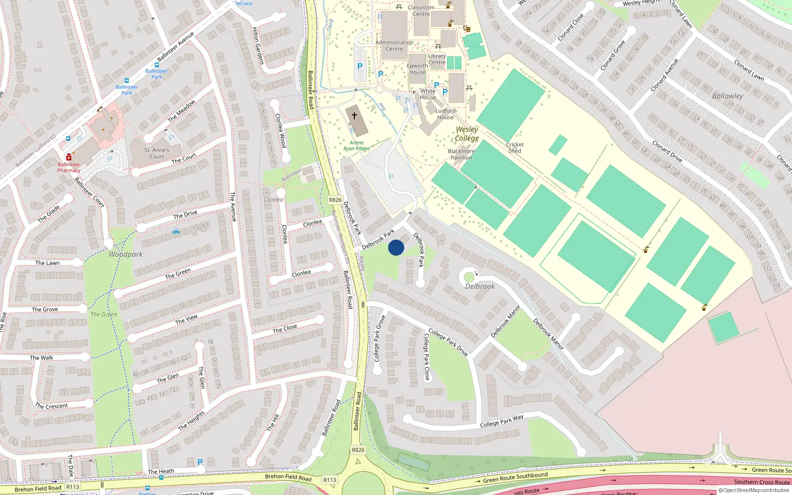 Overhead map showing the location of 2 Delbrook Park, Dublin 16