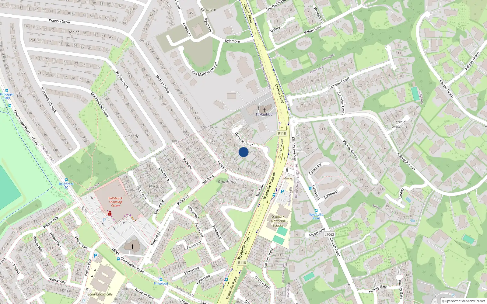 Overhead map showing the location of 2 Denville Court, Killiney