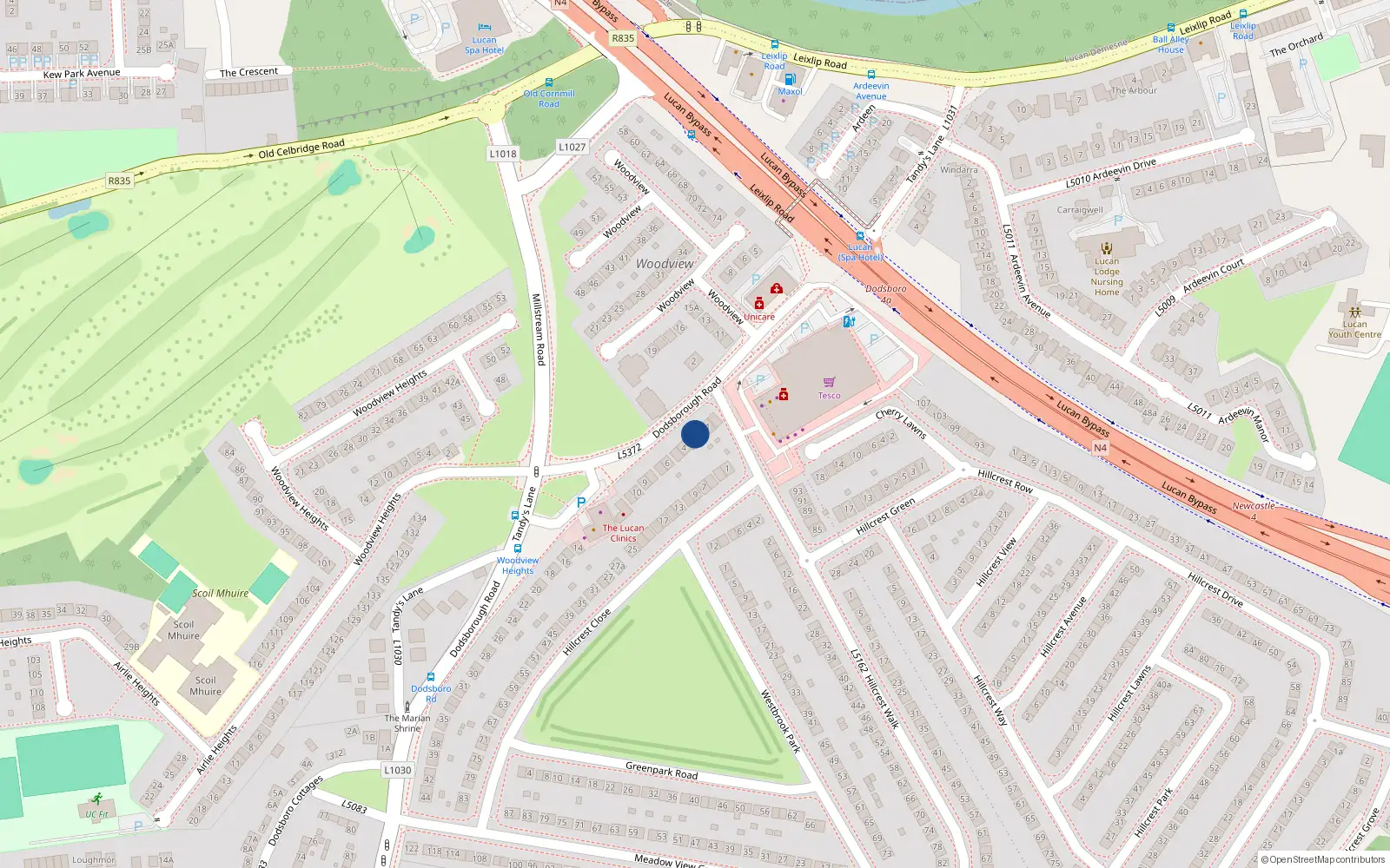 Overhead map showing the location of 2 Dodsboro Road Upper, Lucan, Co Dublin
