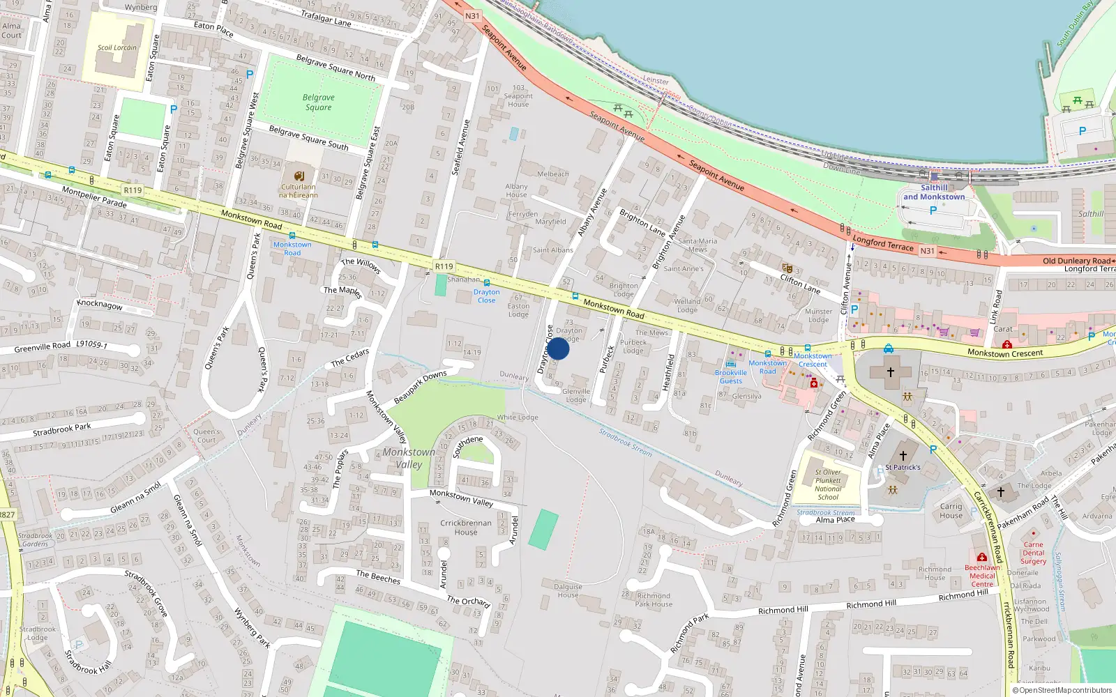 Overhead map showing the location of 2 Drayton Close, Monkstown