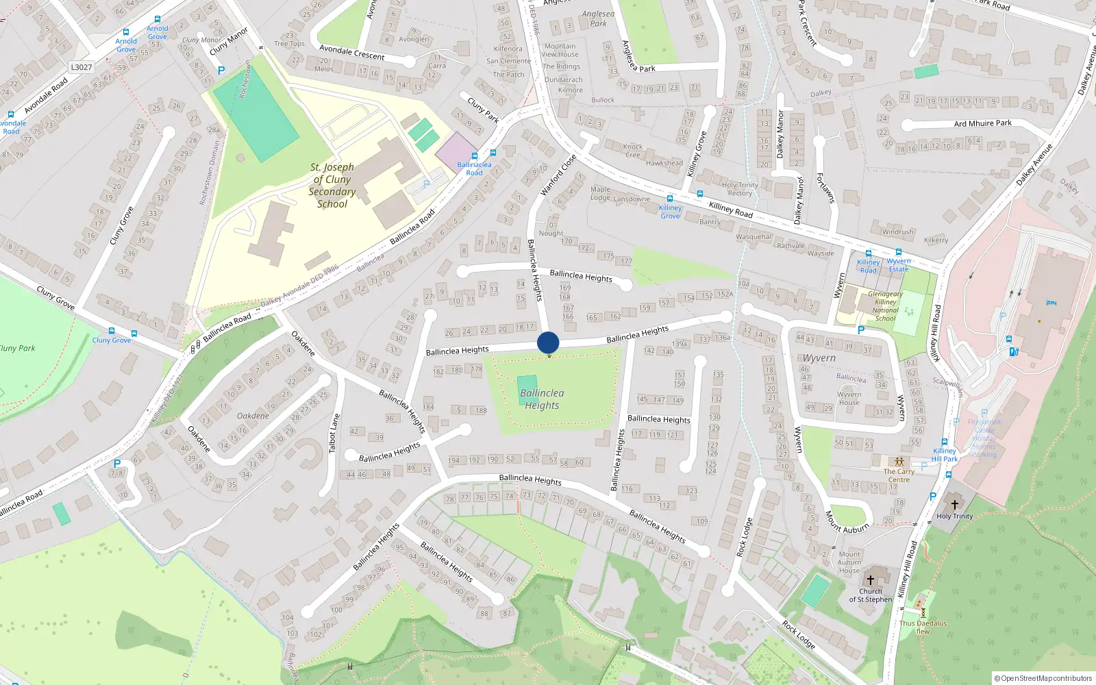 Overhead map showing the location of 2 Druids Wood, Ballinclea Heights, Killiney