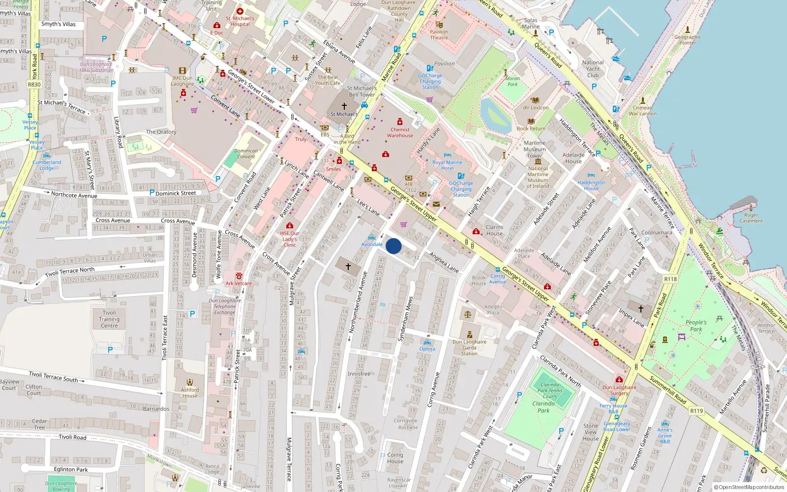Overhead map showing the location of 2 Dungar Terrace, Dun Laoghaire, Co Dublin