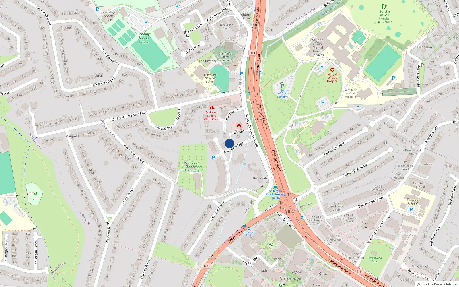 Overhead map showing the location of 2 Dunstaffhage Hall, Stillorgan, Dublin