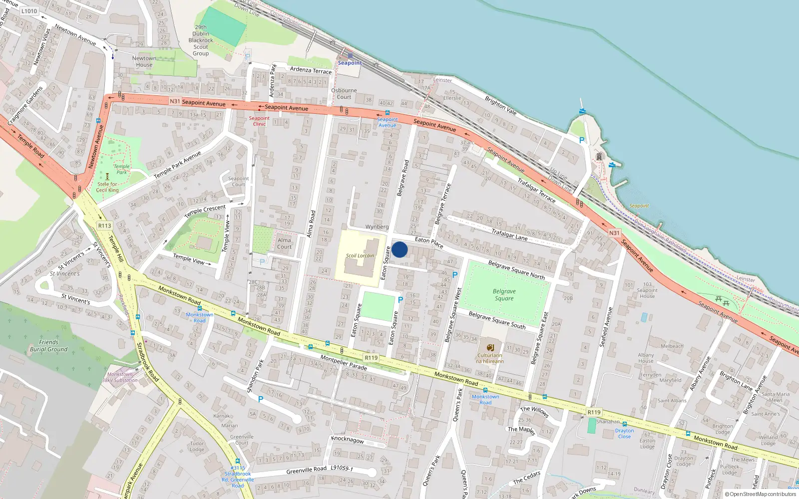 Overhead map showing the location of 2 Eaton Place, Blackrock