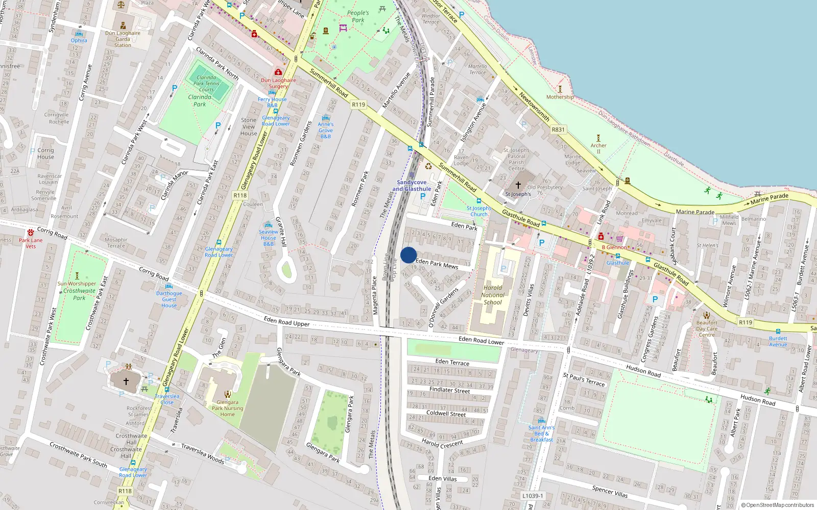 Overhead map showing the location of 2 Eden Park, Dun Laoghaire