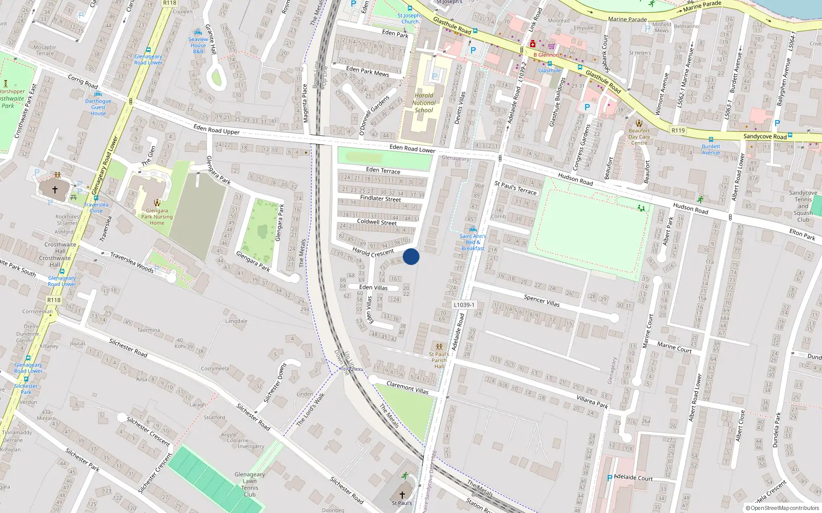 Overhead map showing the location of 2 Eden Villas, Glasthule, Dublin