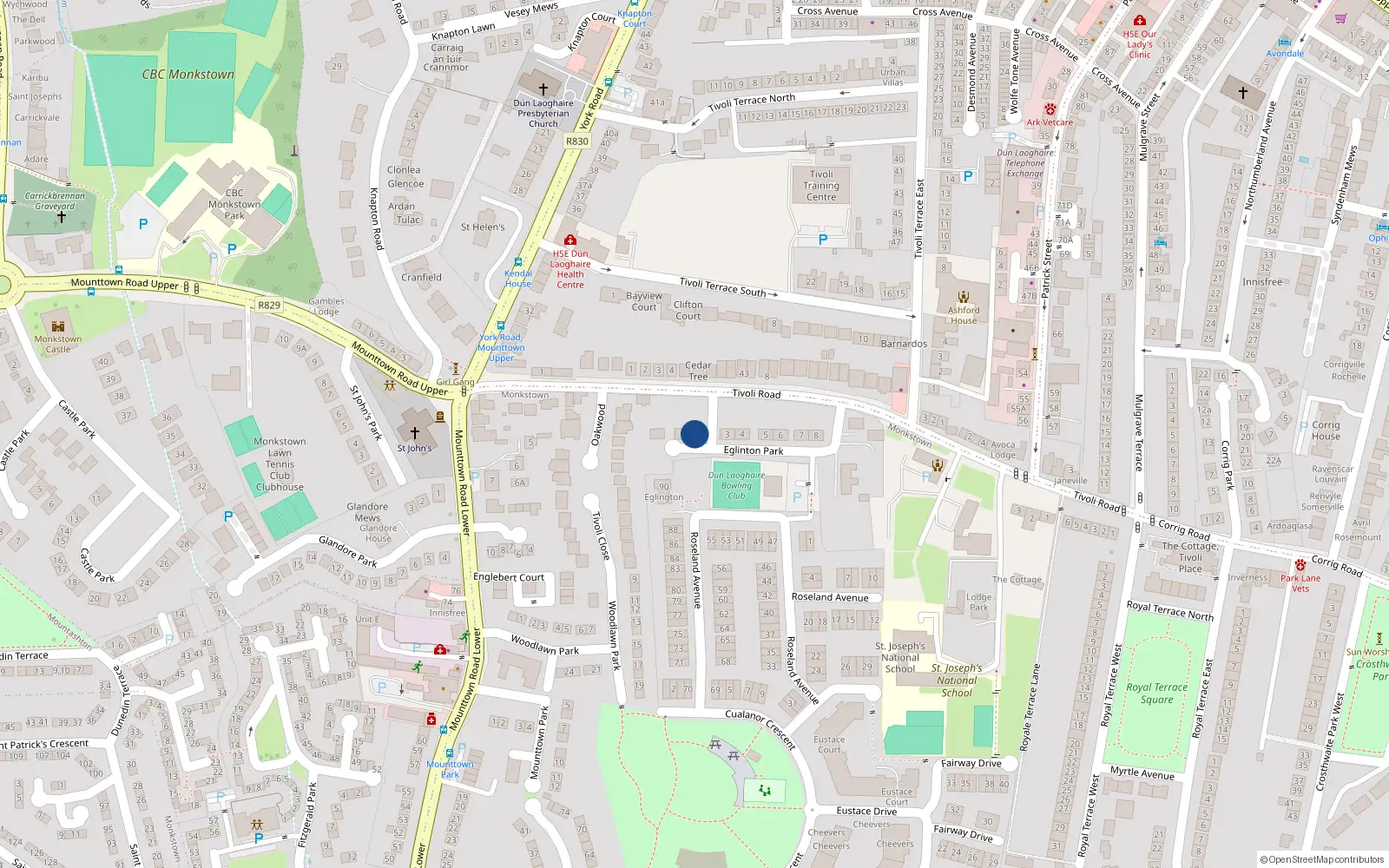 Overhead map showing the location of 2 Eglinton Park, Dun Laoghaire, Dublin