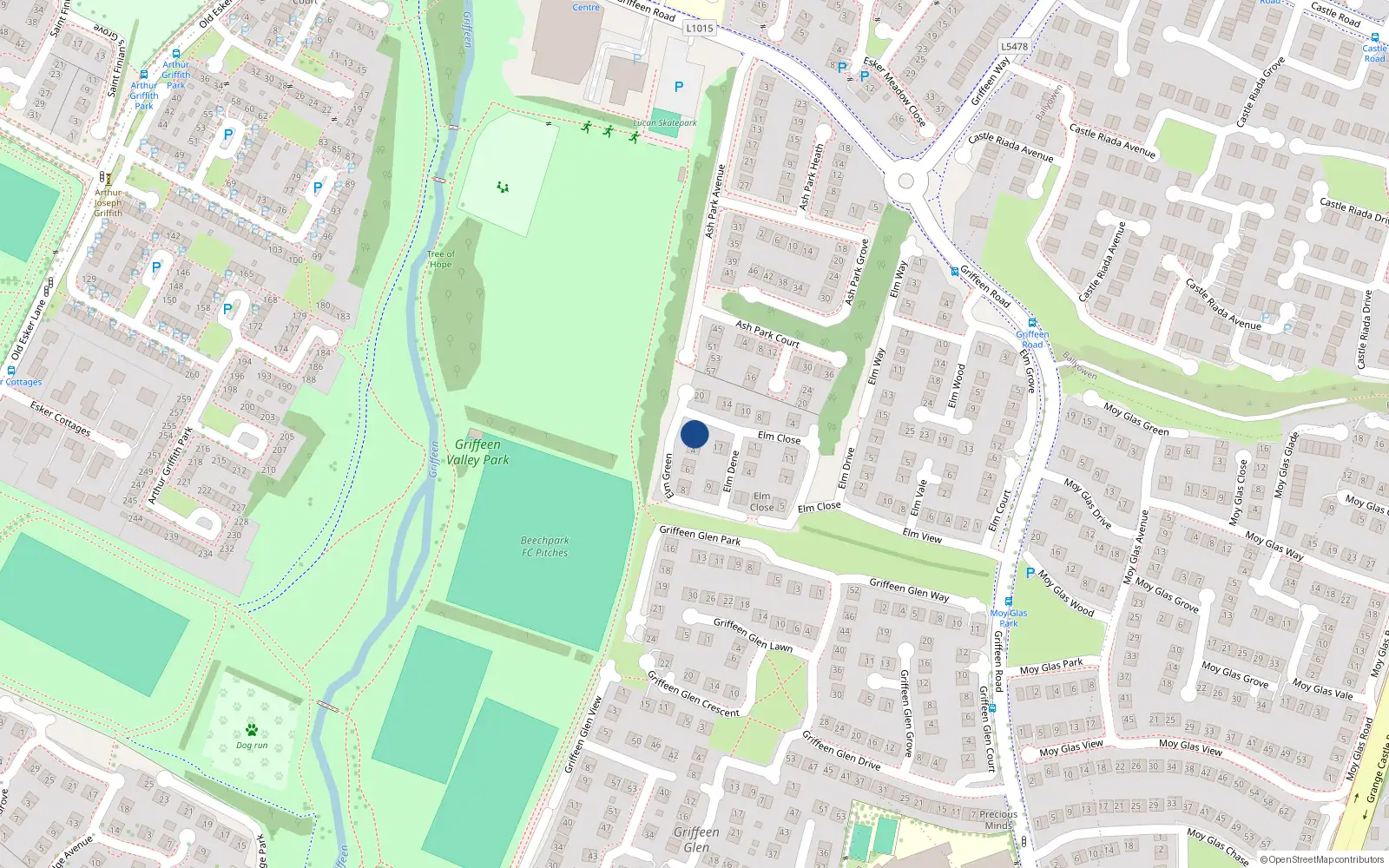 Overhead map showing the location of 2 Elm Green, Lucan, Dublin